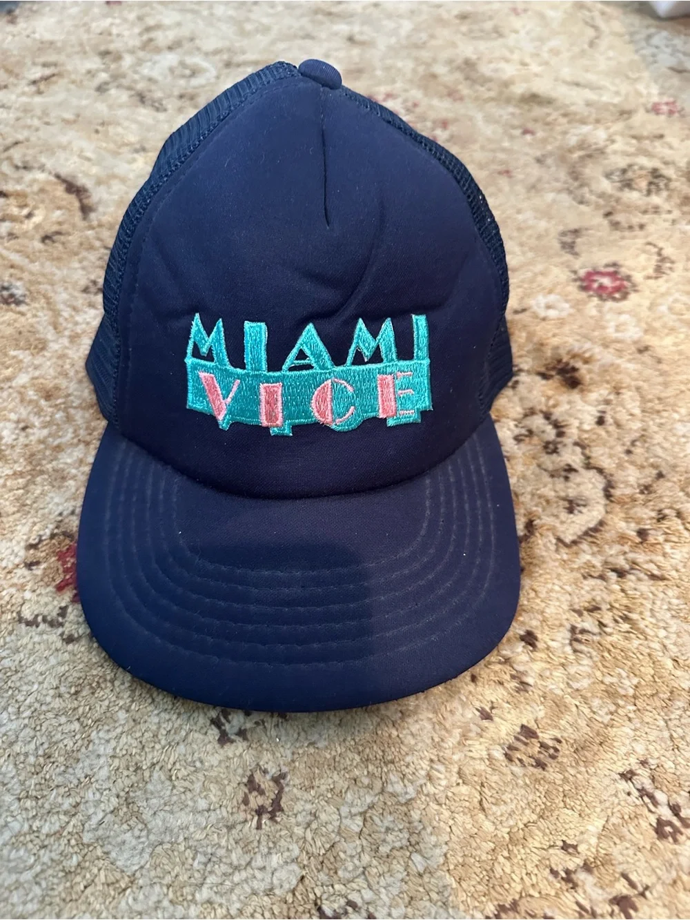 Authentic 80s Miami Vice Embroidered Trucker Hat - Navy with Teal & Pink